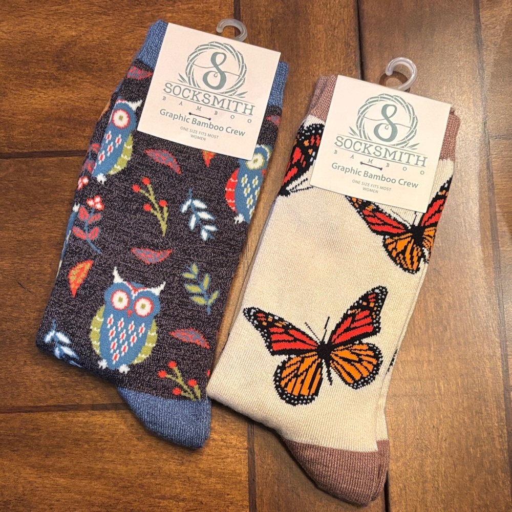 NWT Socksmith Women's Bamboo Crew Socks - 2 pairs Owl and Butterfly Design